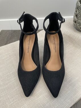 Christian Siriano Black Pointed Ankle-Strap Heels, Size 7